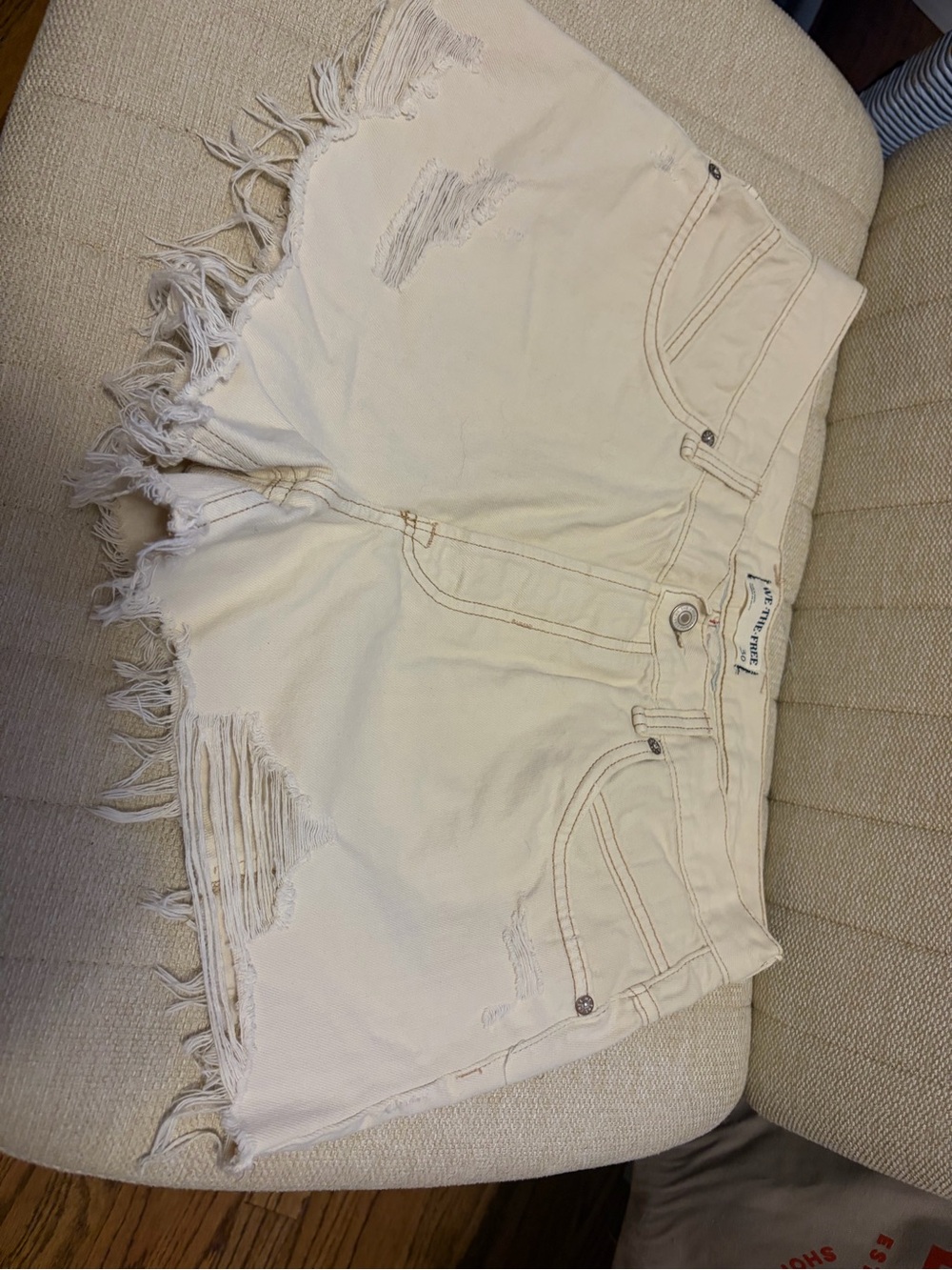 Free People Cream Frayed High-Rise Denim Shorts